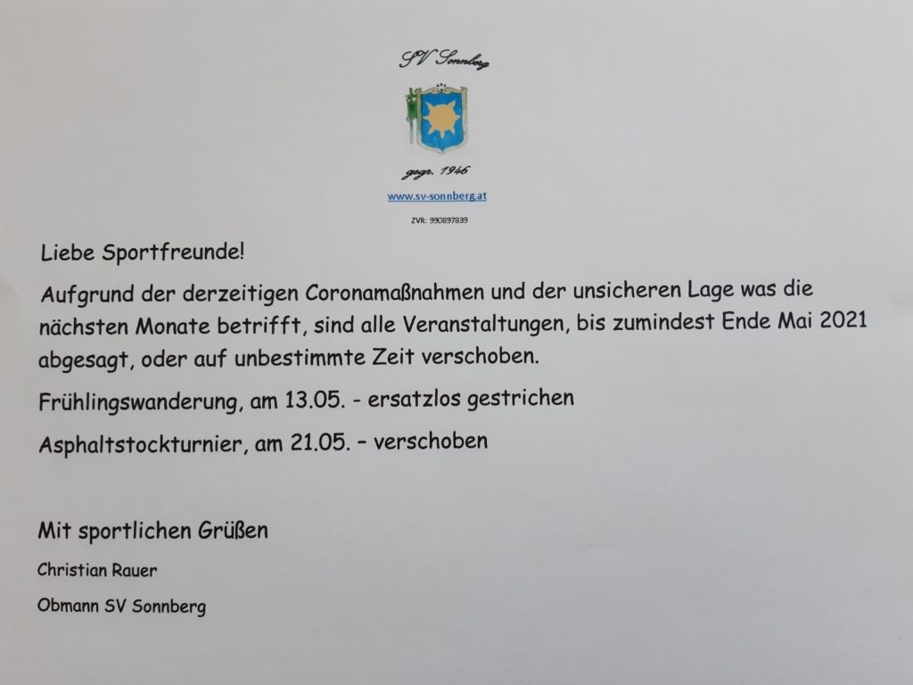 Aufgrund der derzeitigen Coronamaßnahmen sind alle Veranstaltungen bis Ende Mai 2021 abgesagt oder auf unbestimmte Zeit verschoben.
